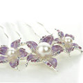 Hair Jewelry Rhinestone Crystal Flower Pearl Metal Hairpin Clip Comb Pin - Purple