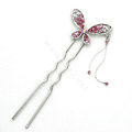 U Shape HairPin Crystal Rhinestone Butterfly Tassel Hair Comb Clip Fork Stick - Pink