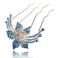 Hair Accessories Flower Alloy Crystal Rhinestone Hair Pin Clip Fork Combs - Blue