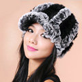Autumn and winter Women's Knitted Rex Rabbit Fur Hats beret hat Stripe Warm Caps - Black Grey