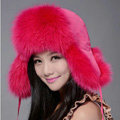 Fox fur leifeng hat for women thermal winter windproof Ear protector Caps - Rose