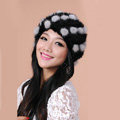 Women Knitted Mink hair Fur Hat Winter Warm Handmade Flower fur ball Caps - Black Grey