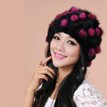 Women Knitted Mink hair Fur Hat Winter Warm Handmade Flower fur ball Caps - Black Rose