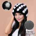 Women Knitted Mink hair Fur Hat Winter Warm Handmade Flower fur ball Caps - Black White