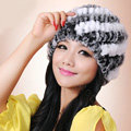 Women Knitted Rex Rabbit Fur Hats Thicker Winter Handmade Thermal Twill Caps - Black White