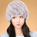 Women Knitted Rex Rabbit Fur Hats Thicker Winter Handmade Thermal Twill Caps - Grey