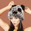 Women Rex Rabbit Fur Hats Knitted Thicker Winter Warm Cute Panda Caps - Black