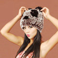 Women Rex Rabbit Fur Hats Knitted Thicker Winter Warm Cute Panda Caps - Brown