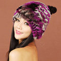 Women Rex Rabbit Fur Hats Knitted Thicker Winter Warm Cute Panda Caps - Purple
