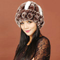 Women Rex Rabbit Fur Hats Knitted Thicker Winter Warm Flower lace Caps - Brown White