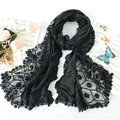 High end fashion embroidery flower lace silk long scarf shawl women wrap scarves - Black