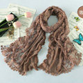 High end fashion embroidery flower lace silk long scarf shawl women wrap scarves - Coffee