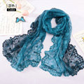 High end fashion embroidery flower lace silk scarf shawl women long gradient wrap scarves - Blue