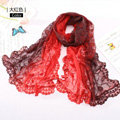 High end fashion embroidery flower lace silk scarf shawl women long gradient wrap scarves - Red