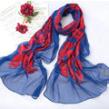 High-end fashion women 100% mulberry silk long embroidery scarf shawl wrap - Blue
