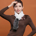 Knitted Rex rabbit fur scarf women winter warm scarves female neck wrap - Black White