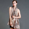 Luxury autumn and winter female 100% mulberry silk leopard print scarf shawl wrap - Coffee