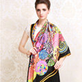 Luxury women autumn and winter 100% mulberry silk floral print scarf shawl wrap - Black