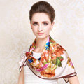 Luxury women autumn and winter 100% mulberry silk square floral print scarf shawl - Apricot