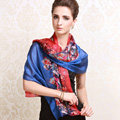 Luxury women autumn and winter long 100% mulberry silk floral print scarf shawl wrap - Blue