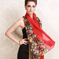 Luxury women autumn and winter long 100% mulberry silk floral print scarf shawl wrap - Red