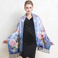 Luxury women autumn and winter warm long 100% mulberry silk flower print scarf shawl wrap - Blue