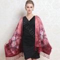 Luxury women autumn and winter warm long 100% mulberry silk flower print scarf shawl wrap - Dark red