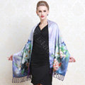 Luxury women autumn and winter warm long 100% mulberry silk flower print scarf shawl wrap - Sky blue