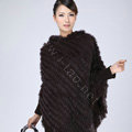 Woman Fashion Genuine Knitted Rabbit Fur Poncho Winter Warm Wraps Hooded Shawls - Coffee