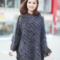 Woman Fashion Genuine Knitted Rabbit Fur Poncho Winter Warm Wraps Hooded Shawls - Grey