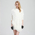 Woman Fashion Genuine Knitted Rabbit Fur Poncho Winter Warm Wraps Hooded Shawls - White