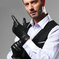 Allfond men business winter waterproof cold-proof warm goatskin genuine leather gloves L - Black