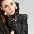 Allfond women button winter waterproof cold-proof plus velvet warm genuine sheep skin leather gloves - Black