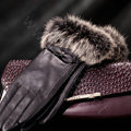 Allfond women winter waterproof cold-proof bow-knot rex rabbit fur genuine goatskin leather gloves M - Black