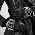 Allfond women winter waterproof cold-proof leopard rex rabbit fur genuine goatskin leather gloves L - Black