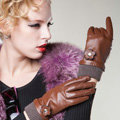 Allfond women winter waterproof cold-proof warm flower wool genuine goatskin leather gloves L - Brown