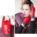 Allfond women winter waterproof cold-proof warm flower wool genuine goatskin leather gloves L - Red