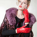Allfond women winter waterproof cold-proof warm folds genuine goatskin leather gloves L - Red