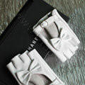 Fashion Women Bowknot Genuine Leather Sheepskin Half-finger Short Gloves Driving - White