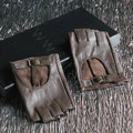 Fashion Women Genuine Leather Sheepskin Half-finger Short Gloves Driving - Brown