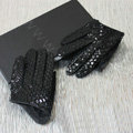 Fashion Women Peacock pattern Genuine Leather Sheepskin Half Palm Short Gloves Size L - Black