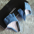 Women Genuine Leather Lambskin Runway Punk Rocker Biker Fingerless Half Short Gloves - Blue