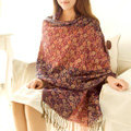 Classic Autumn and Winter Cape Tassels Floral Print Shawl National Style Warm Long Scarf - Blue