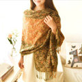 Classic Autumn and Winter Cape Tassels Floral Print Shawl National Style Warm Long Scarf - Yellow