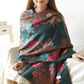 Hot sell Autumn and Winter Cape Tassels Flower Print Shawl National Style Warm Long Scarf - Dark green