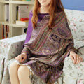 New Extra large Jacquard Tassels Cape Floral Print Stripes Shawl National Style Warm Long Scarf - Purple