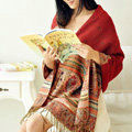 New Extra large Jacquard Tassels Cape Floral Print Stripes Shawl National Style Warm Long Scarf - Red