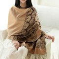 Pretty Extra large Jacquard Tassels Cape Floral Print Shawl National Style Warm Long Scarf - Camel