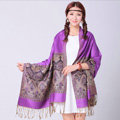 Pretty Extra large Jacquard Tassels Cape Floral Print Shawl National Style Warm Long Scarf - Purple