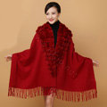 Genuine Wool Shawls Rabbit Fur Ball Scarf Women Thicken Warm Solid Color Bride wedding Cape - Claret red